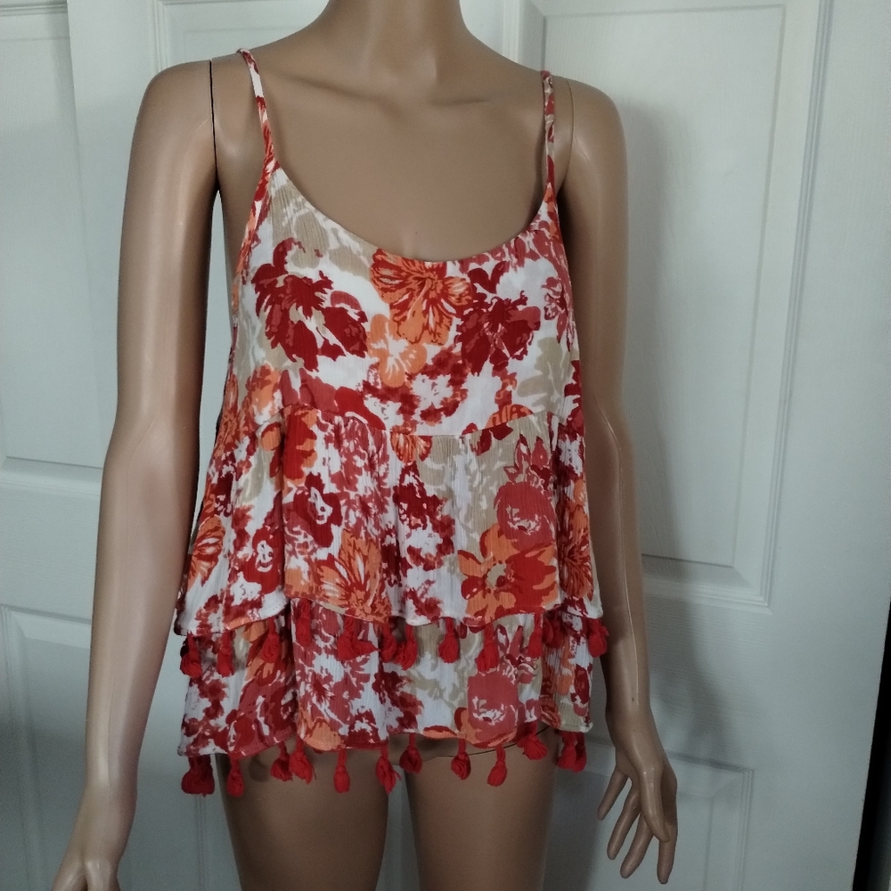 Raga Tassel Teared Floral Tank Top Large